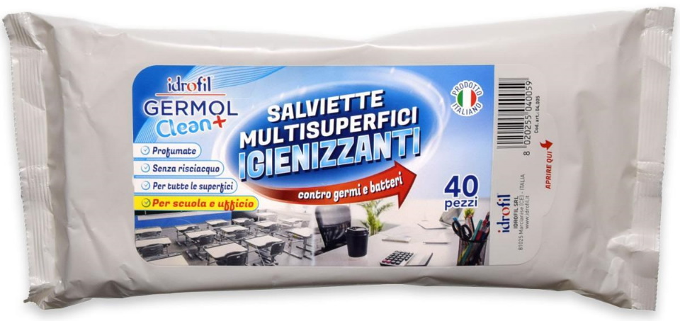 SALVIETTE IGIENIZZANTI MULTISUPERFICI 40 PZ CONTRO GERMI E BATTERI.  PROFUMATE, SENZA RISCIACQUO. PER TUTTE LE SUPERFICI.